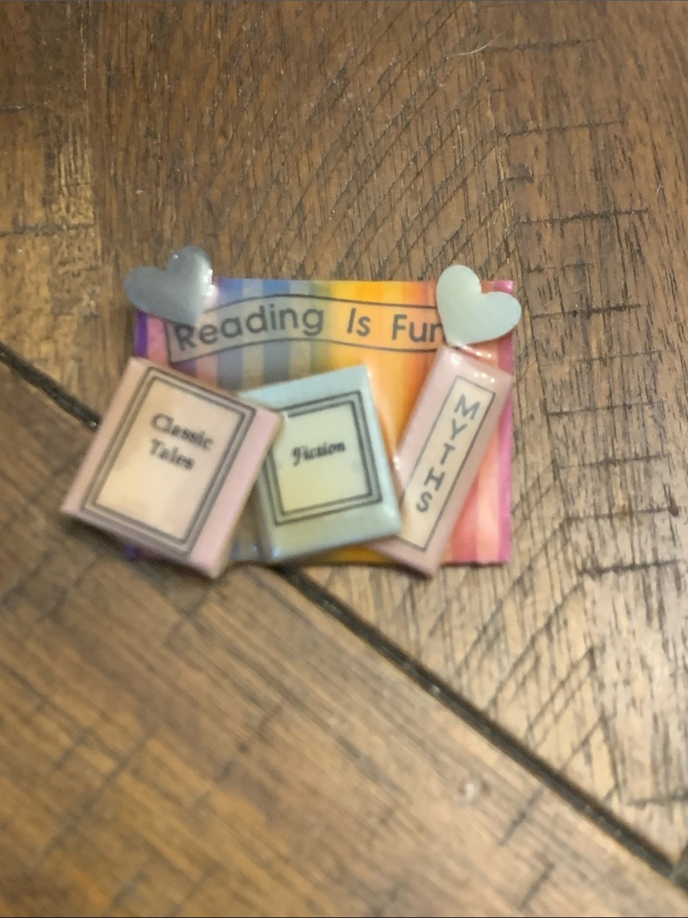 VTG Lucinda Rainbow 'Reading Is Fun' Enamel Book Brooch with Pink Accents